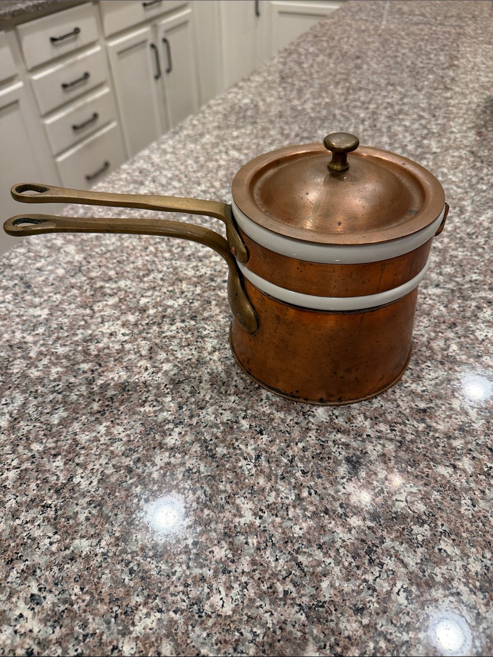Vintage Copper Double Boiler Saucepan Set with Lid white Hall China insert